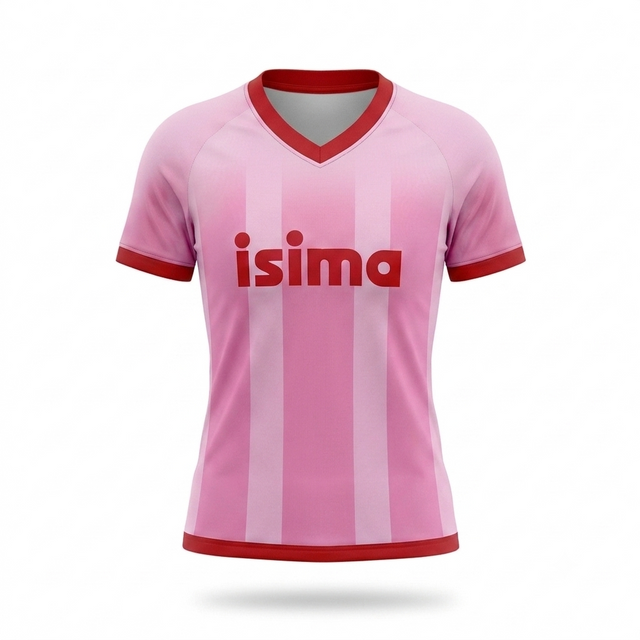 The Limited Edition Fútbol Jersey by isima features short pink sleeves, a red collar and trim, bold vertical light and dark pink stripes, and