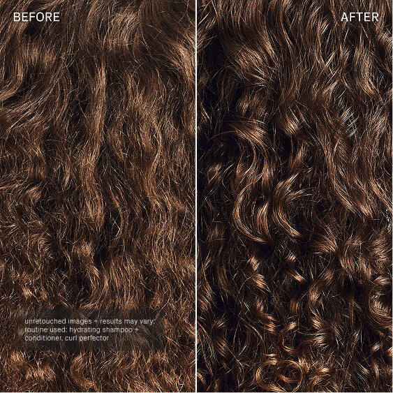Before and after comparison of curly hair with a hair product application.