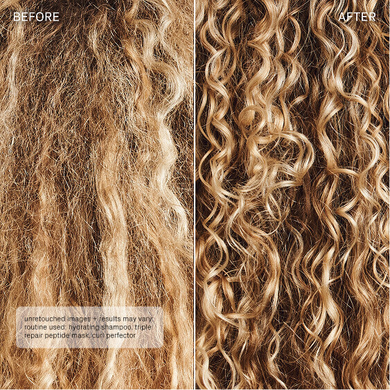 Before and after comparison of curly hair with a hair product application.