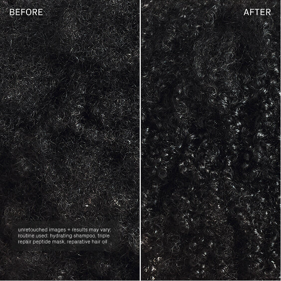 Close-up comparison of curly hair before and after treatment; the before side appears dry and frizzy, while the after side looks shinier, more defined, and moisturized. Text at bottom lists haircare routine.