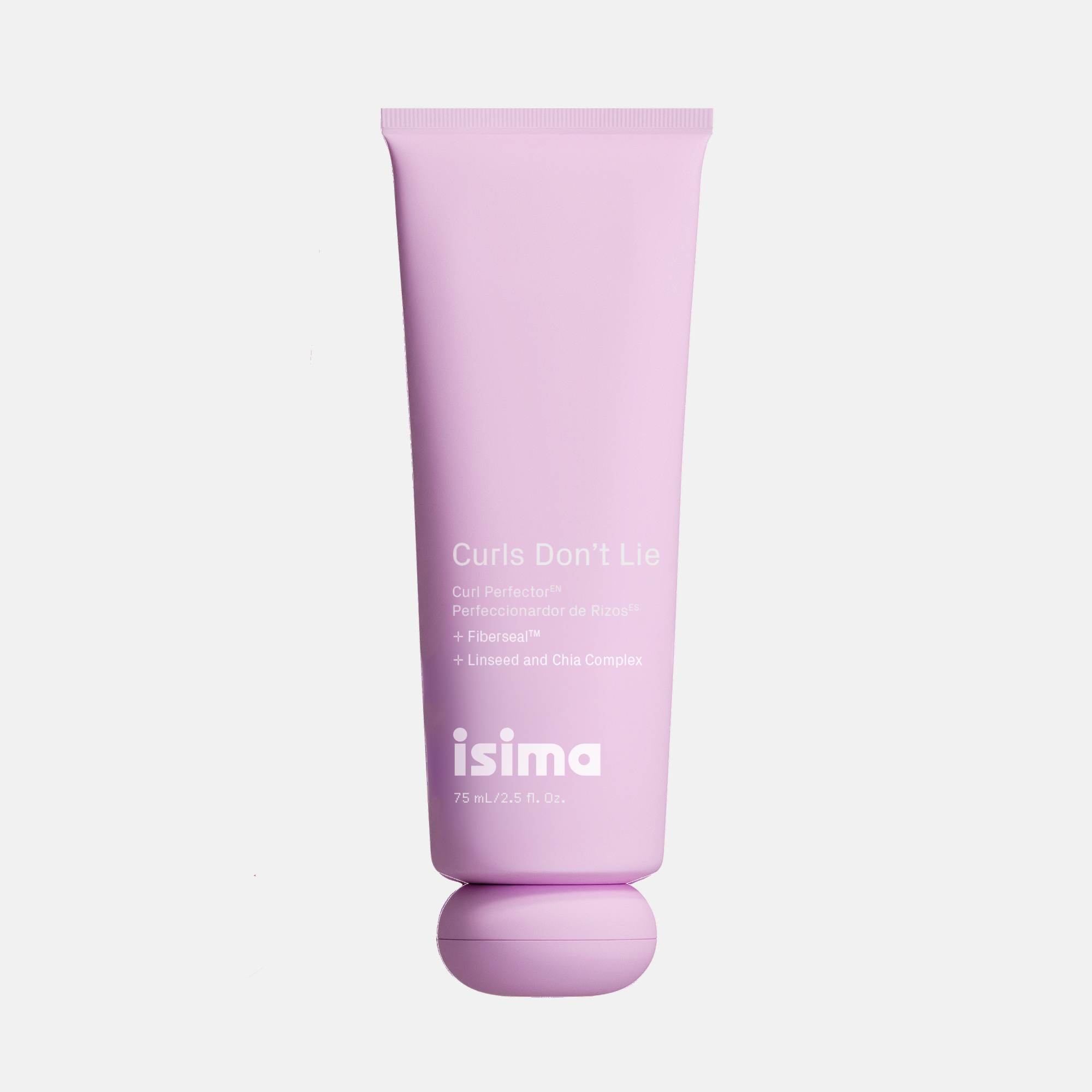 A pink tube labeled “Curls Don’t Lie Curl Perfector” by Isima, featuring a circular matching cap and white text detailing ingredients and hydration benefits for curly hair. This 75 mL (2.5 fl. oz.) light-hold styling cream is specially designed to define and nourish your curls.