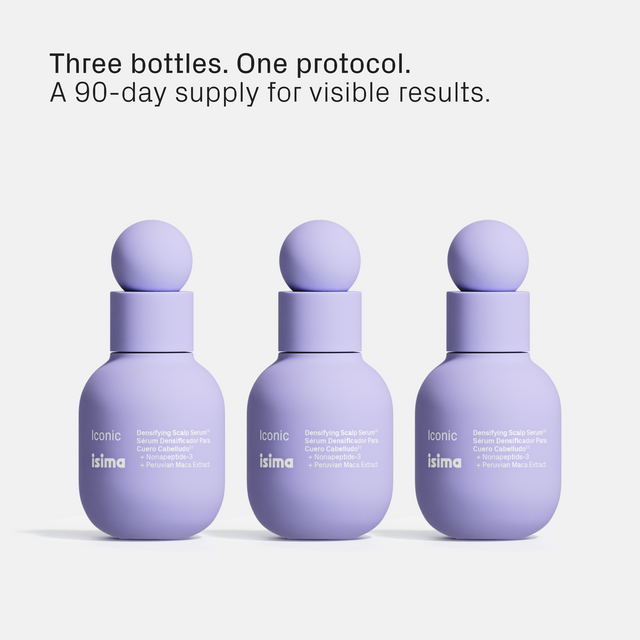 Three purple bottles labeled Isima Iconic Scalp System are arranged in a row on a white background. Text above reads: Three bottles. One protocol. A 90-day supply for visible hair growth and optimal scalp care.