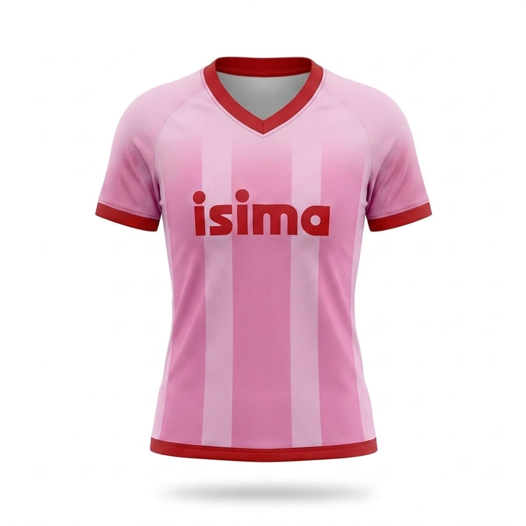 The Limited Edition Fútbol Jersey by isima features short pink sleeves, a red collar and trim, bold vertical light and dark pink stripes, and 