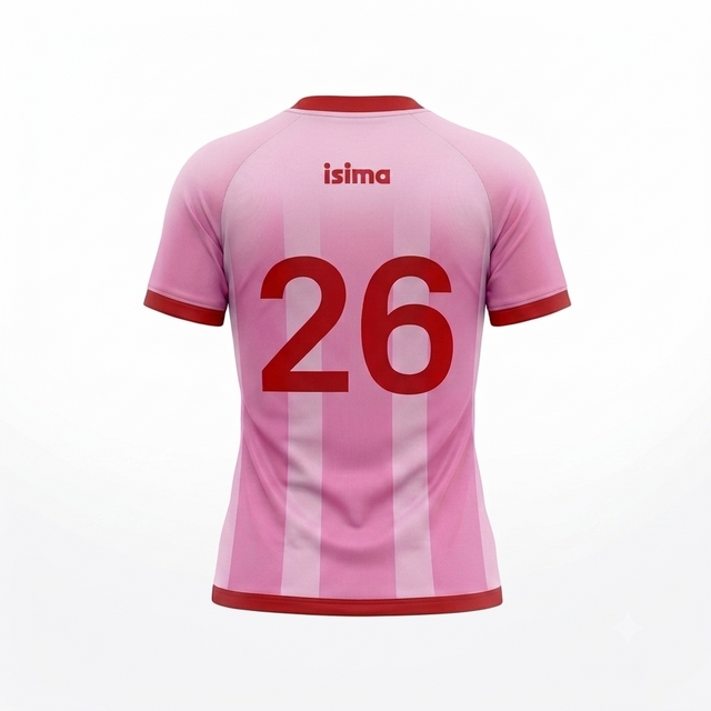 The Limited Edition Fútbol Jersey by isima features a pink design with red trim, the number 26, and 