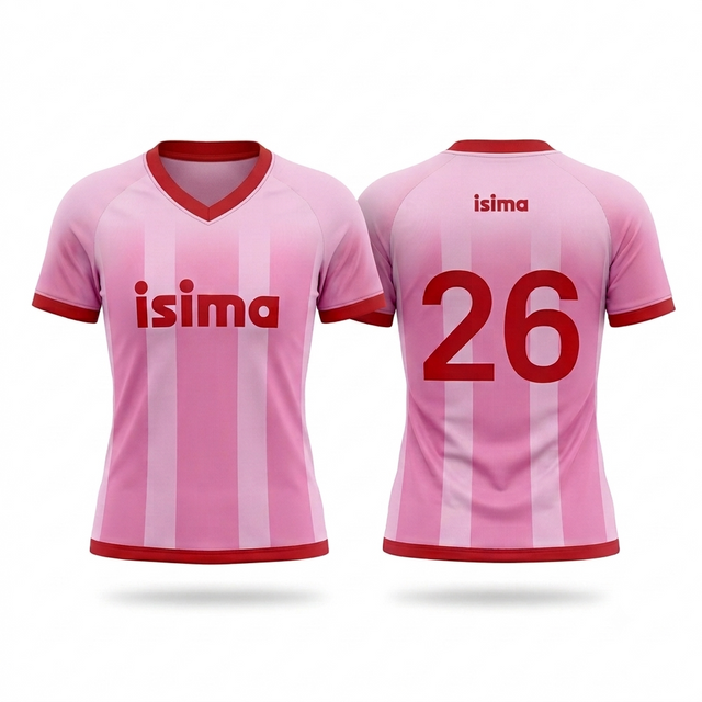 Front and back views of the Limited Edition Fútbol Jersey by isima: pink with vertical light and dark stripes, red collar and sleeve trim, isima logo on the front, number 26 and isima on the back.