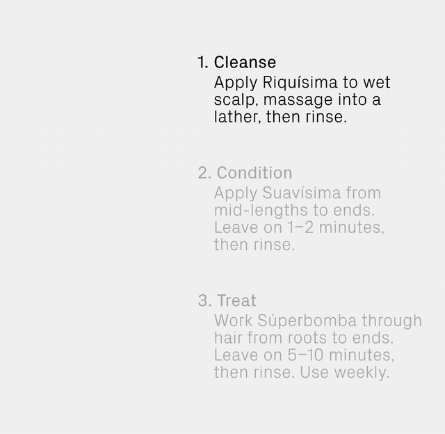 Experience healthy-looking hair with Shakira’s Wash + Care Kit by isima ($144 value) in 3 easy steps: 1. Cleanse on wet scalp with Riquísima, lather, and rinse. 2. Condition mid-lengths to ends with Suavísima for 1–2 minutes, then rinse. 3. Treat roots to ends weekly with Súperbomba—enriched with skincare-inspired complexes—leave on for 5–10 minutes and rinse.