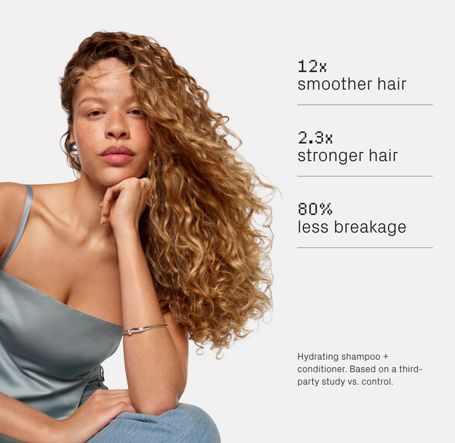 A woman with long, curly hair in a light blue top sits confidently. Text: 12x smoother, 2.3x stronger, 80% less breakage—skincare-inspired hair. isima Shakira’s Starter Trio — Strength & Repair ($67 Value). Hydrating shampoo + conditioner; third-party study vs. control.