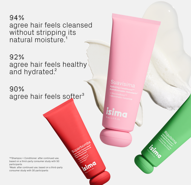 Three vibrant isima Shakira’s Starter Trio — Strength & Repair tubes are featured on a white background. Survey highlights: 94% felt cleansed hair, 92% saw healthier-looking hair, and 90% had softer hair after use.