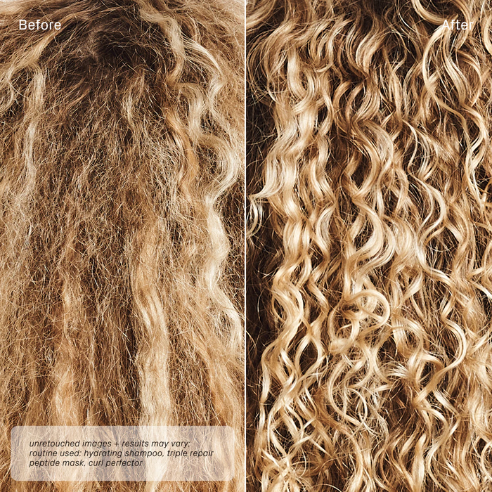 Side-by-side comparison of wavy blonde hair: the left side is frizzy and dry (labeled Before), while the right side is smooth, shiny, and defined curls (labeled After). Product routine is noted at the bottom.