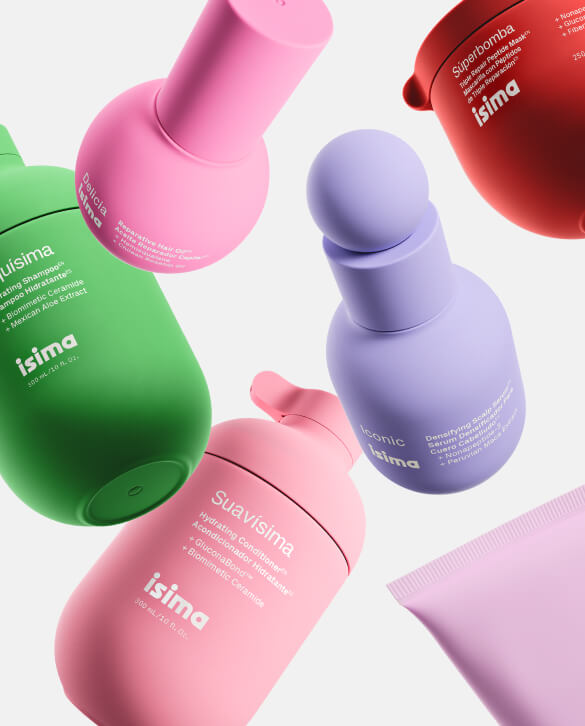 Colorful haircare bottles with 'isima' branding on a light background