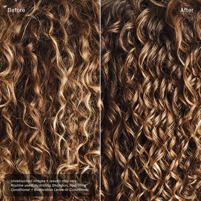 Side-by-side comparison of curly hair labeled Before (left) and After (right). The Before hair appears frizzy and dry, while the After hair looks smoother, shinier, and more defined. Text notes a hydrating hair routine.