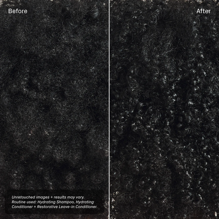Side-by-side close-up of tightly coiled hair labeled Before and After. The After side appears shinier and more defined. Text at bottom mentions using hydrating shampoo, conditioner, and restorative leave-in conditioner.