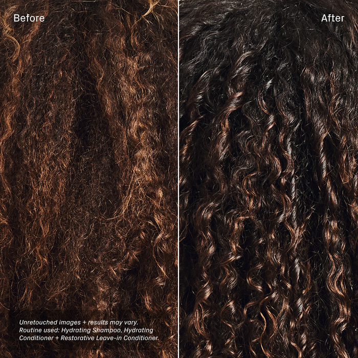 Side-by-side close-ups of curly hair, labeled Before and After. The Before side looks dry and frizzy, while the After side appears shiny, defined, and moisturized. Text describes the use of hydrating hair products.