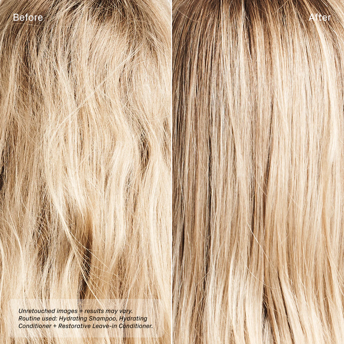 Side-by-side comparison of wavy blonde hair: left side labeled Before looks dry and frizzy, right side labeled After appears smooth, shiny, and healthy after using hydrating hair products.