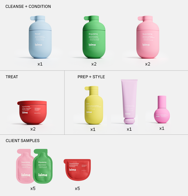 Image of isima’s The Essentials Edit for PROs hair care bottles and tubs—labeled cleanse + condition, treat, prep + style, and client samples with quantities—neatly arranged in a grid on a white background.