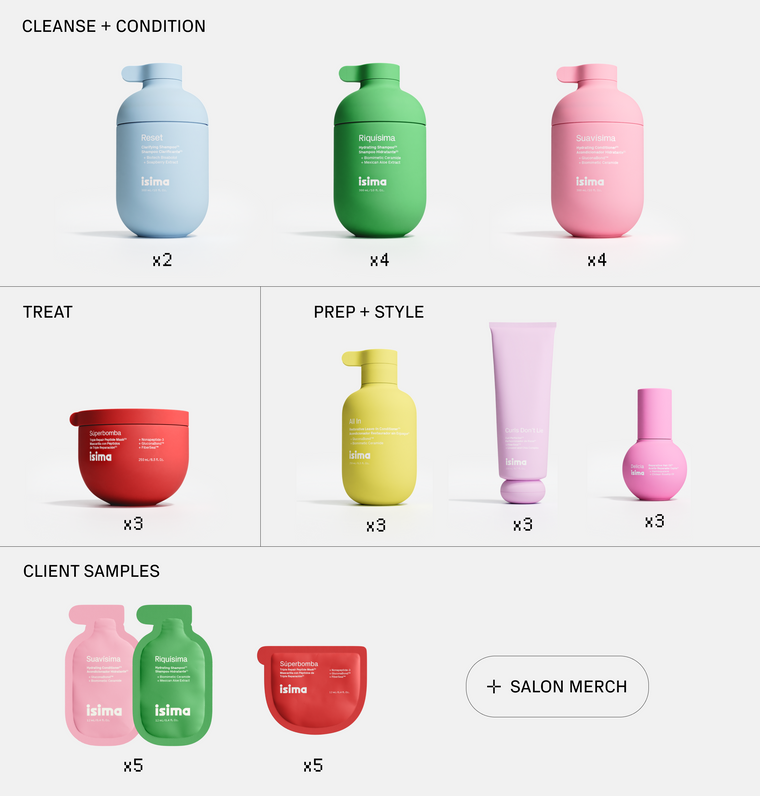 Assorted pastel-colored isima hair care products, including The Iconic Starter for PROs, are grouped by use: cleanse, treat, prep/style, and client samples. A Salon Merch button appears on the bottom right.